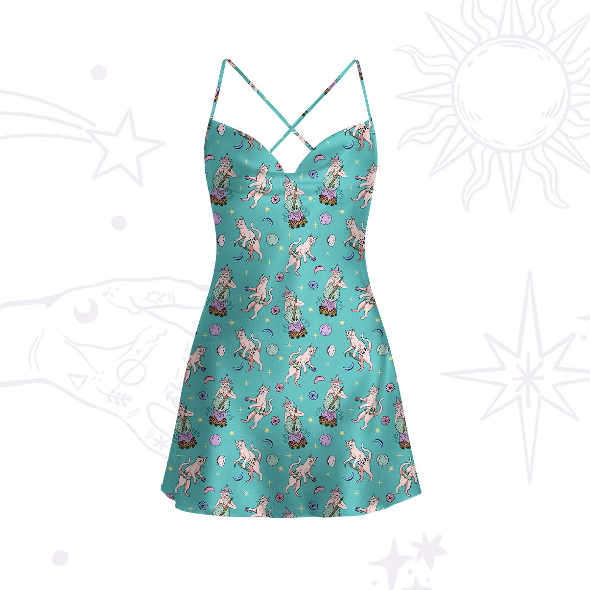 Purplehecate Cat Coven Satin Cross Back Mini Dress