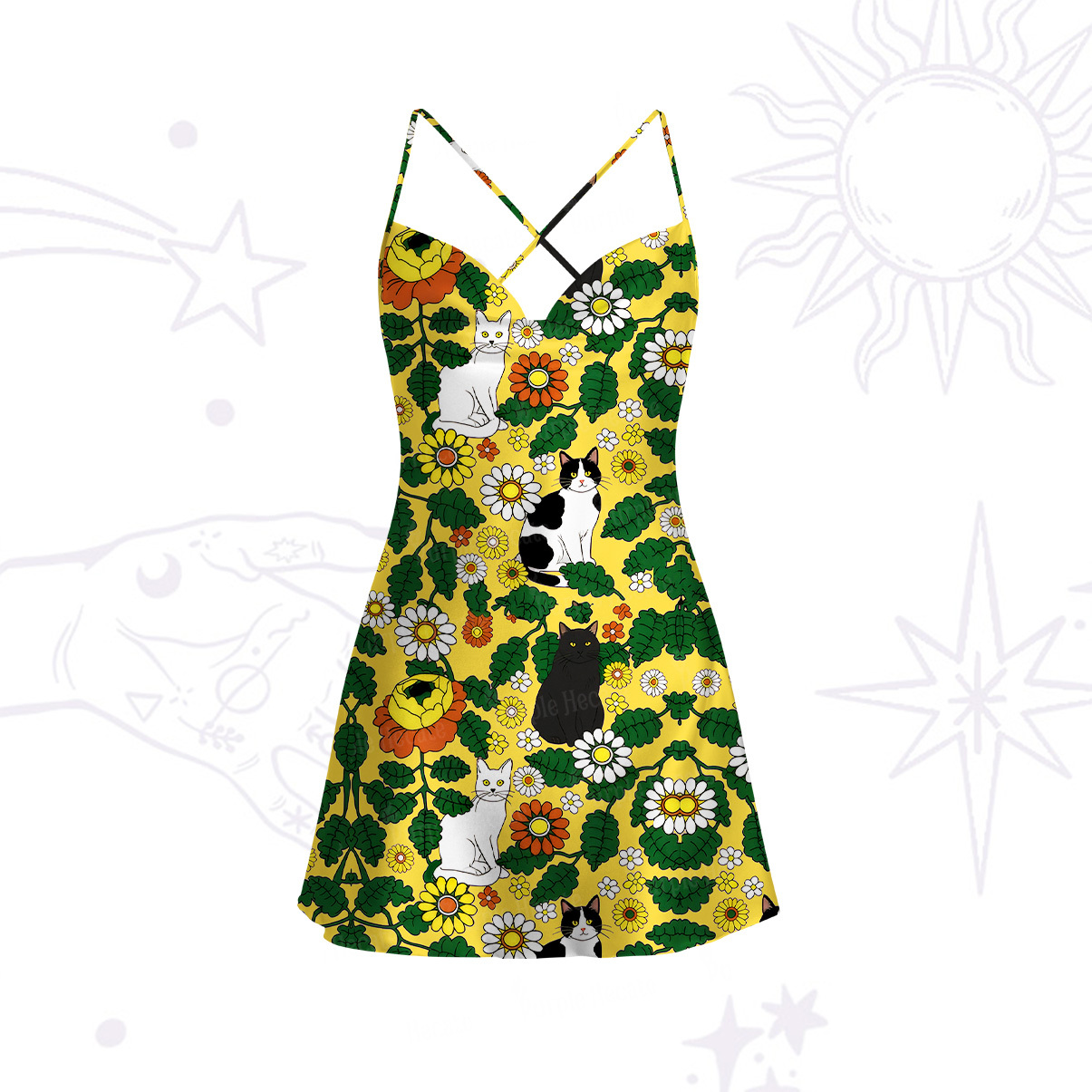 Purplehecate Daisy Cat  Garden Satin Cross Back Mini Dress