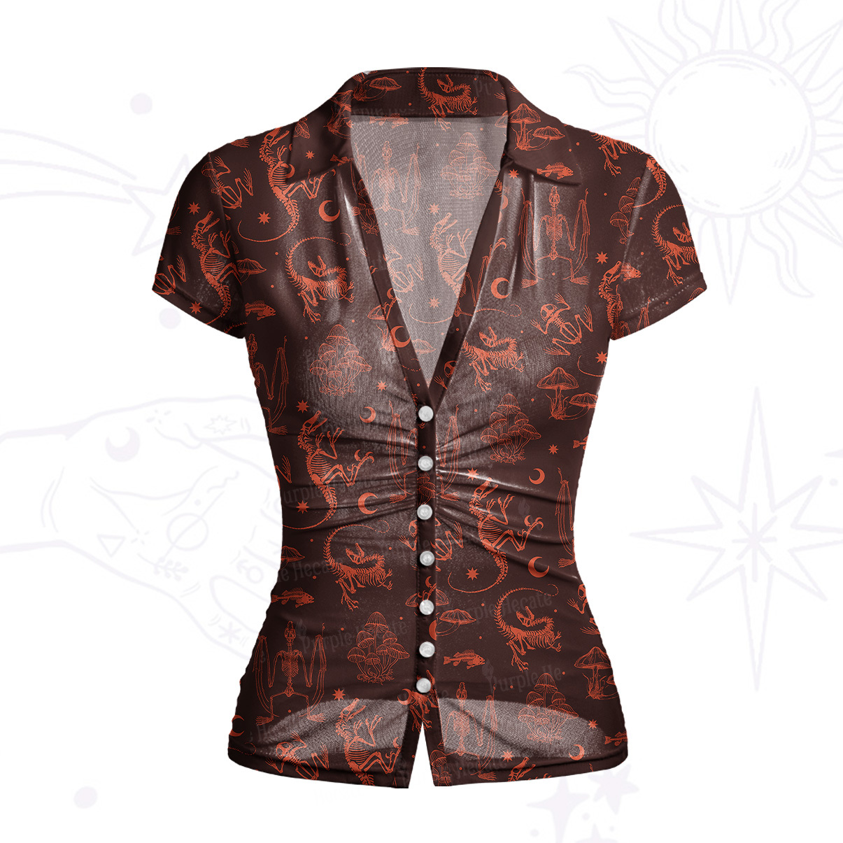 Purplehecate Prehistoric Fantasy Mesh Button Up Top