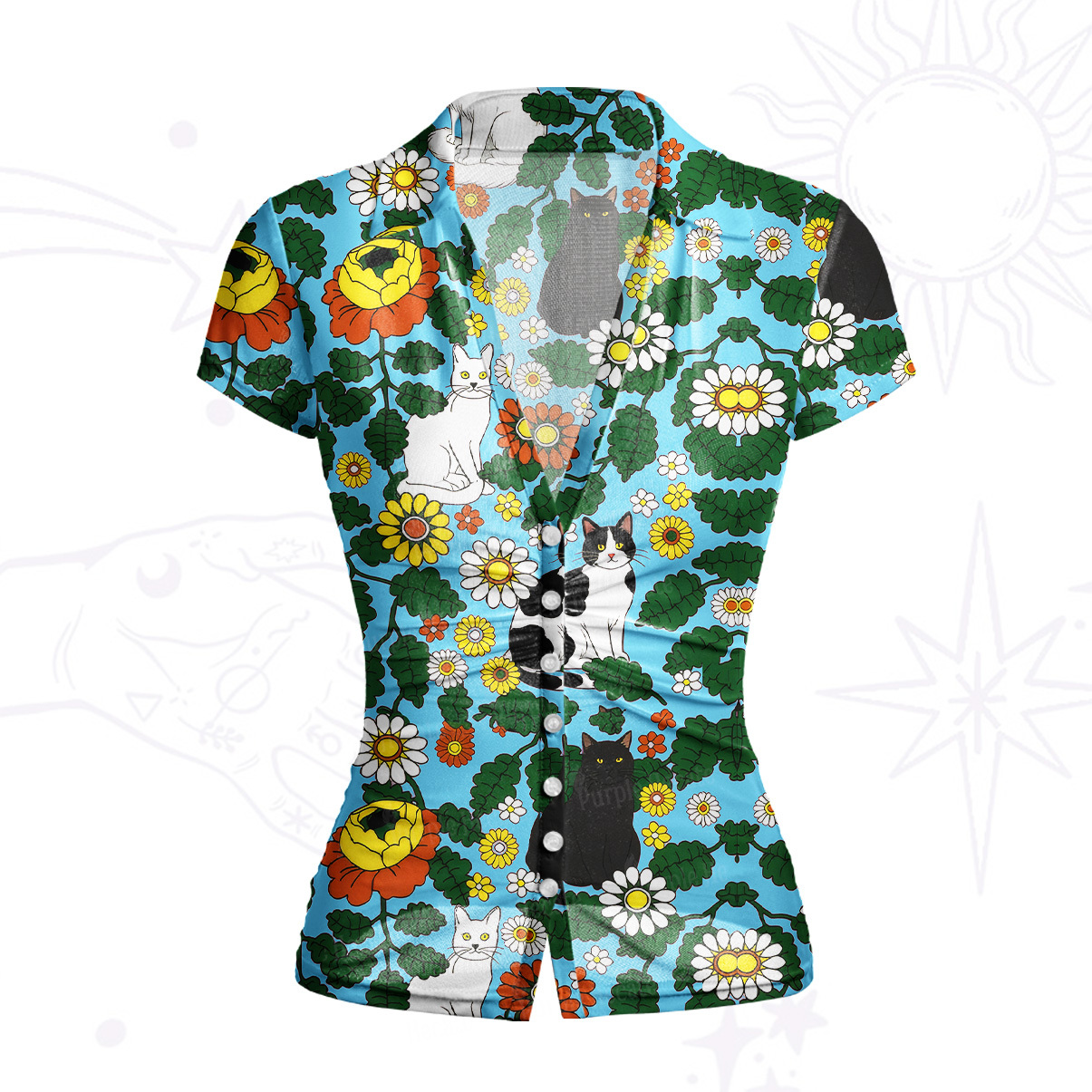 Purplehecate Daisy Cat  Garden Mesh Button Up Top