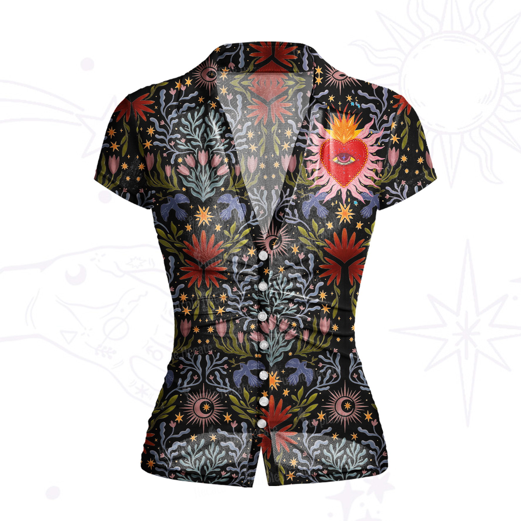 Purplehecate Sacred Flame Heart Mesh Button Up Top