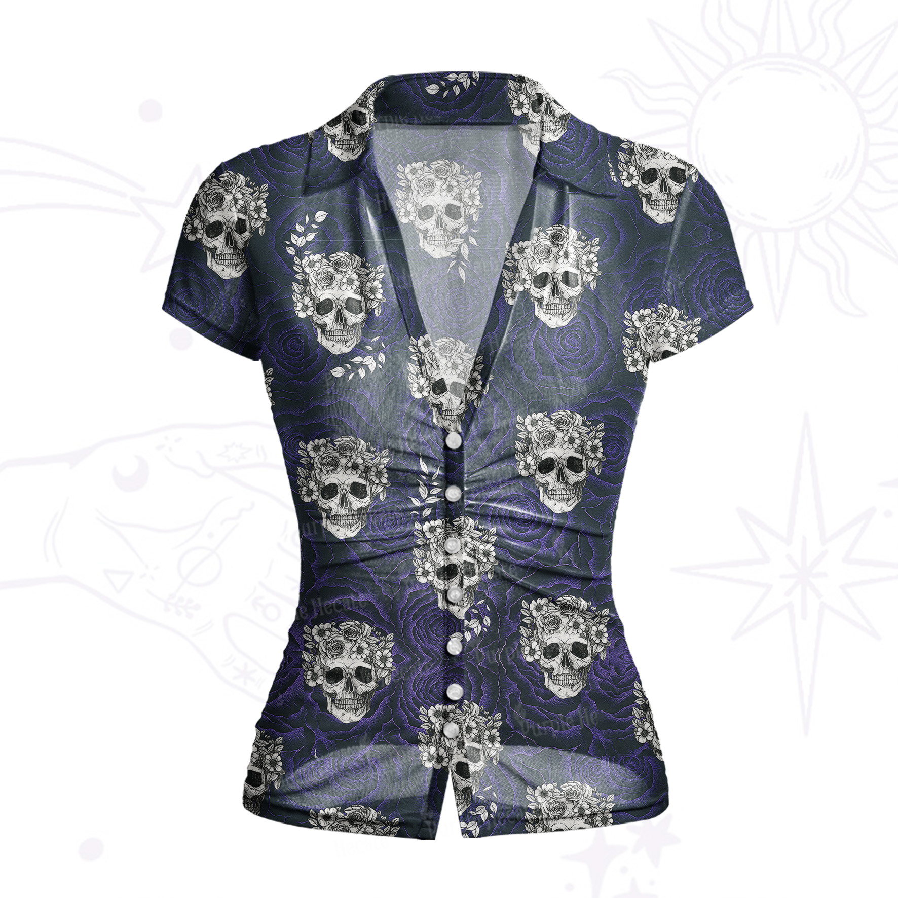 Purplehecate Rose Skull Mesh Button Up Top