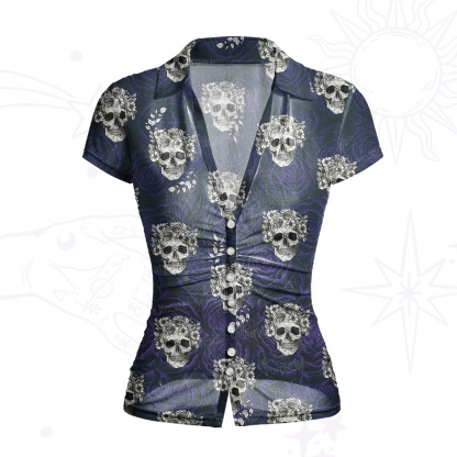 Purplehecate Rose Skull Mesh Button Up Top