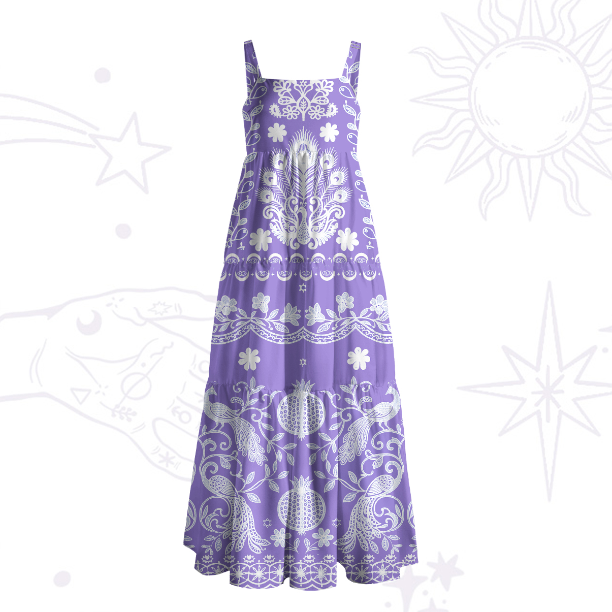 Purplehecate Mystic Peacock Garden Totem Strappy Wide Straps Maxi Dress
