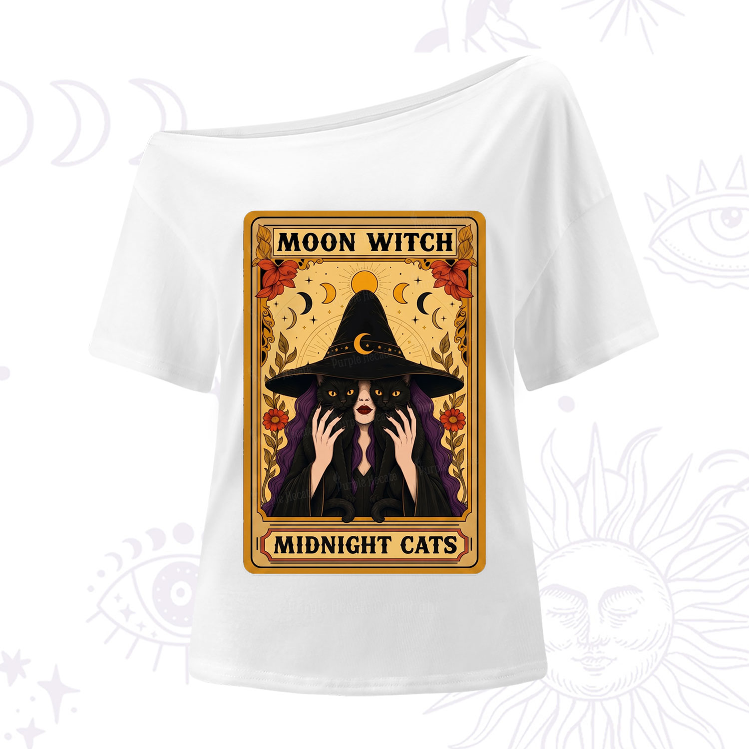 Purplehecate The Moon Witch Midnight Cats Oracle Card One Shoulder T-Shirt