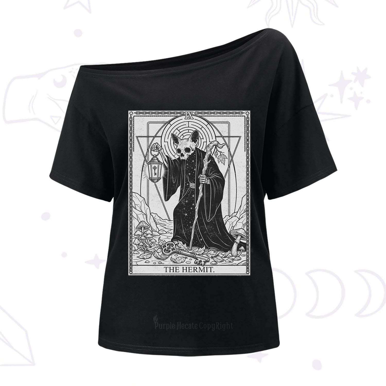 Purplehecate The Hermit Skeleton Cat Tarot One Shoulder T-Shirt
