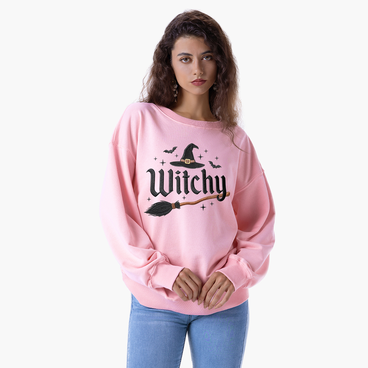 Purplehecate Bat and Broomstick Witch Embroidered Sweatshirt