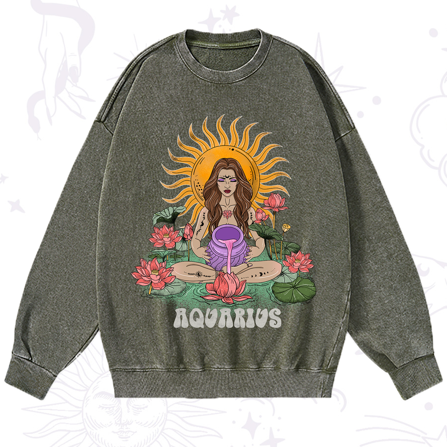 Purplehecate Sun Guardian Of Aquarius Zodiac Washed Sweatshirt
