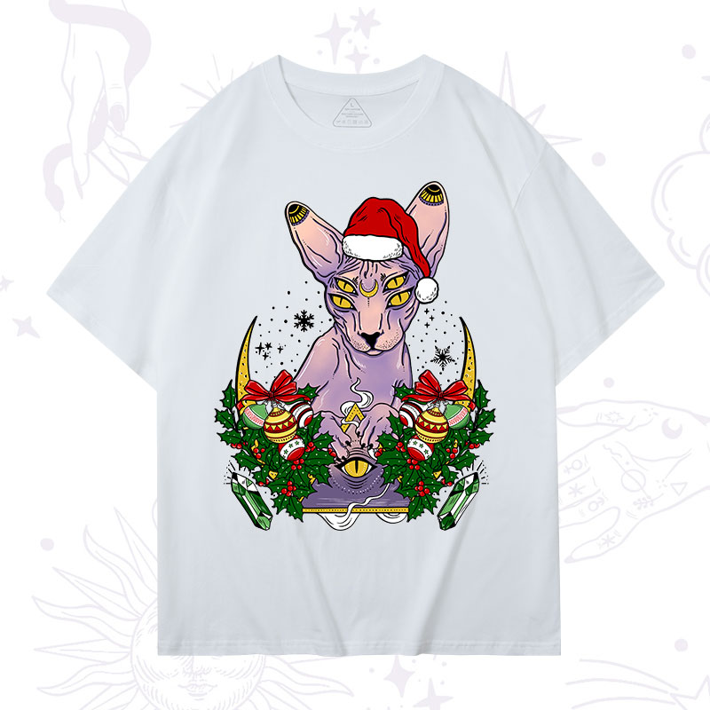Purplehecate Christmas Moon Phase Cat Washed T-Shirt