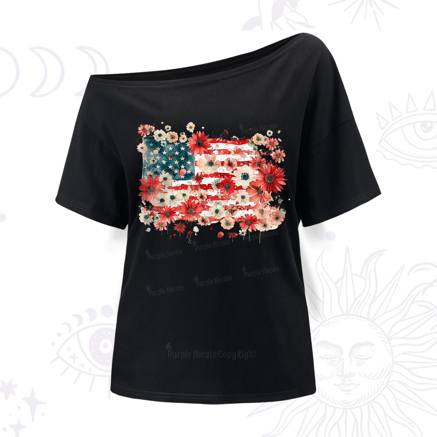 Purplehecate Floral American Flag One Shoulder T-Shirt