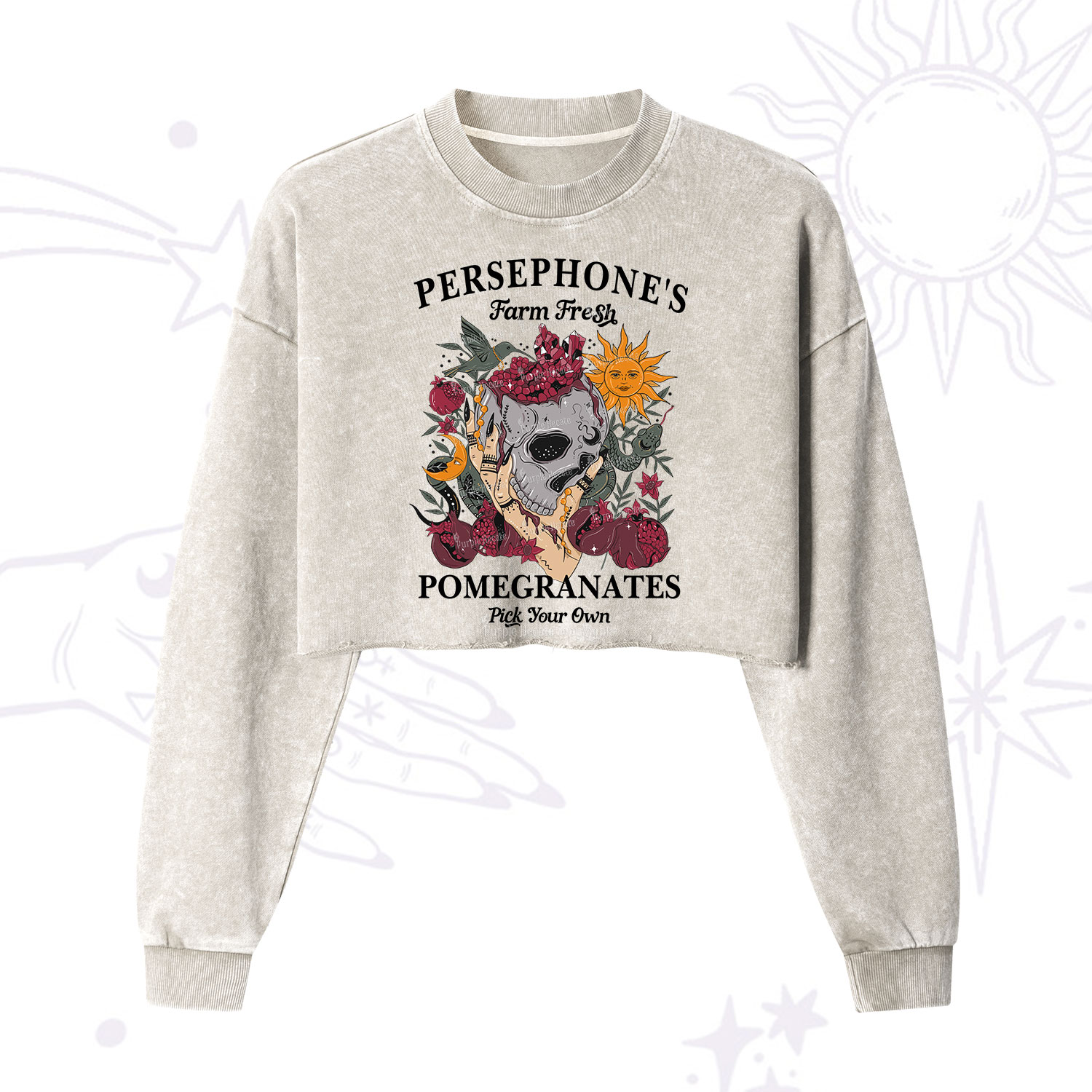 Purplehecate Persephone's Farm Fresh Pomegranates Pick Your Own Cropped Washed Sweatshirt