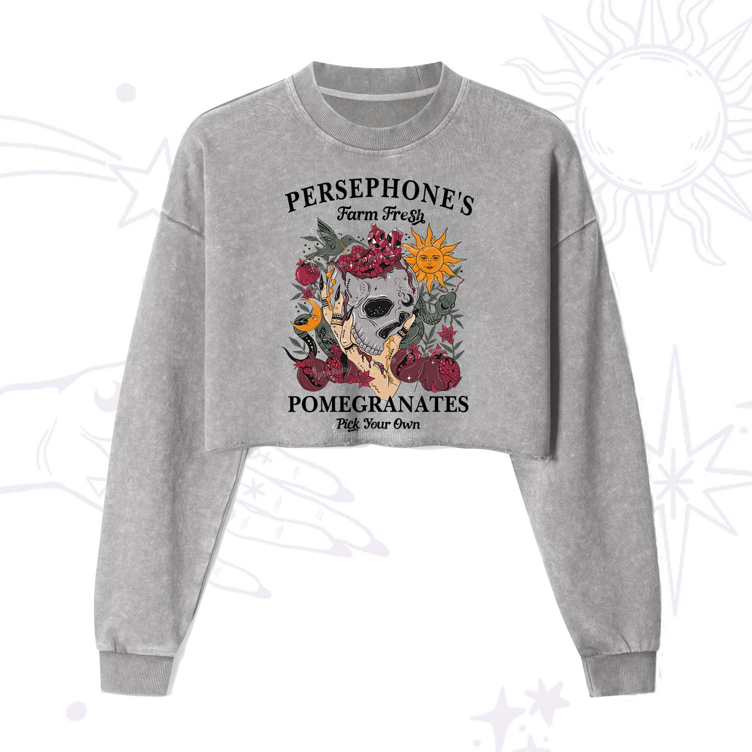 Purplehecate Persephone's Farm Fresh Pomegranates Pick Your Own Cropped Washed Sweatshirt