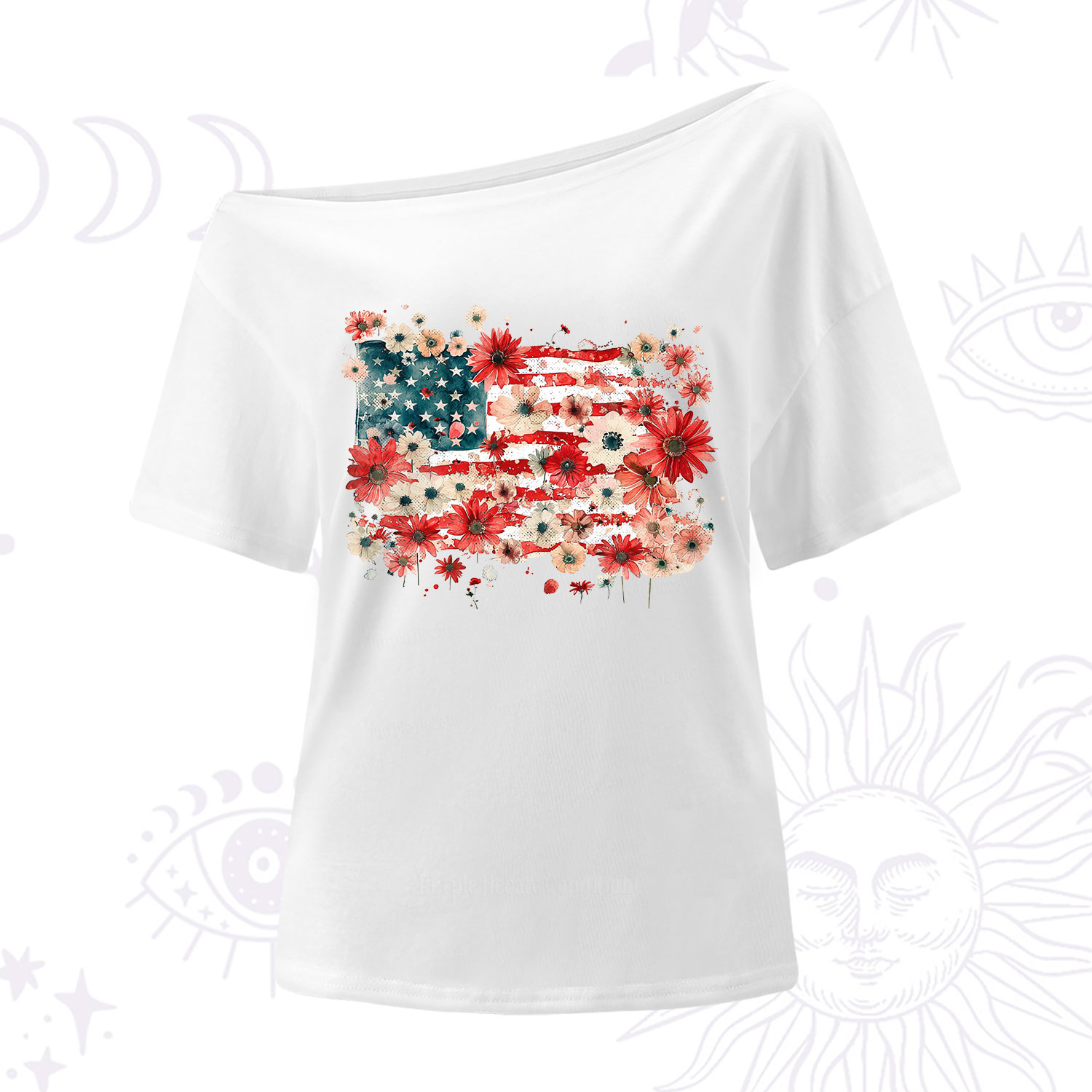 Purplehecate Floral American Flag One Shoulder T-Shirt