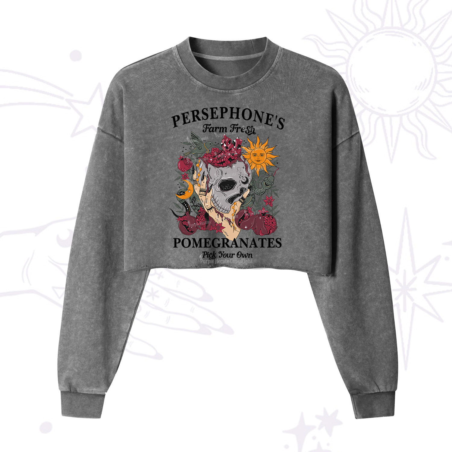 Purplehecate Persephone's Farm Fresh Pomegranates Pick Your Own Cropped Washed Sweatshirt