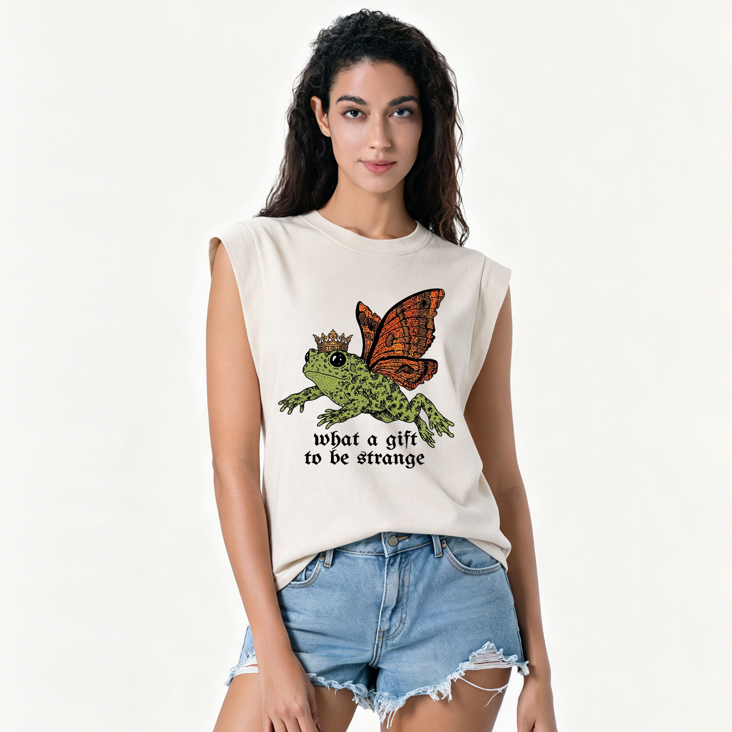 Purplehecate What a Gift to Be Strange Cat Frog Vintage Washed Tank