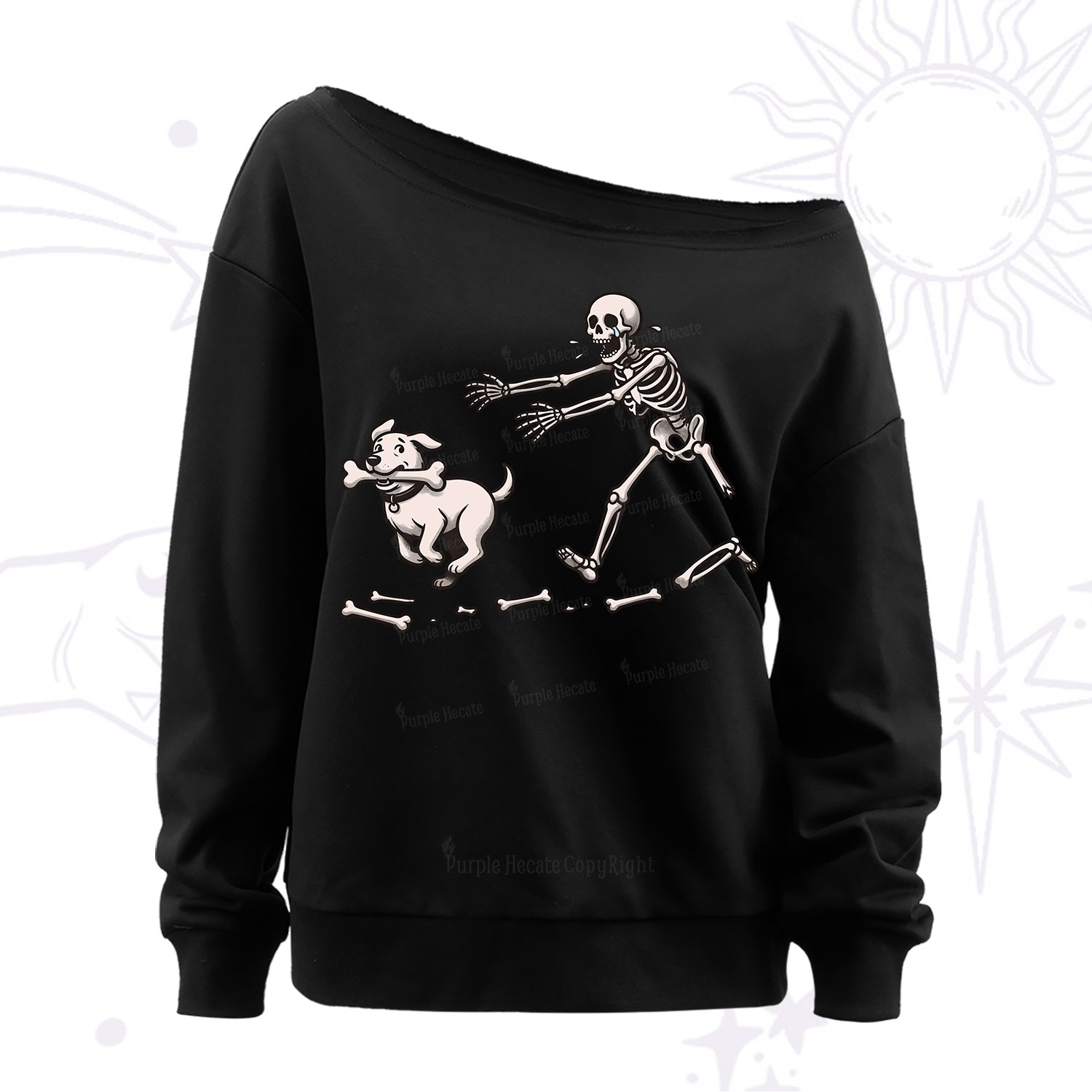Purplehecate Halloween Skeleton Chasing Dog Off The Shoulder Sweatshirt