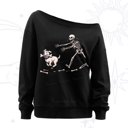 Purplehecate Halloween Skeleton Chasing Dog Off The Shoulder Sweatshirt