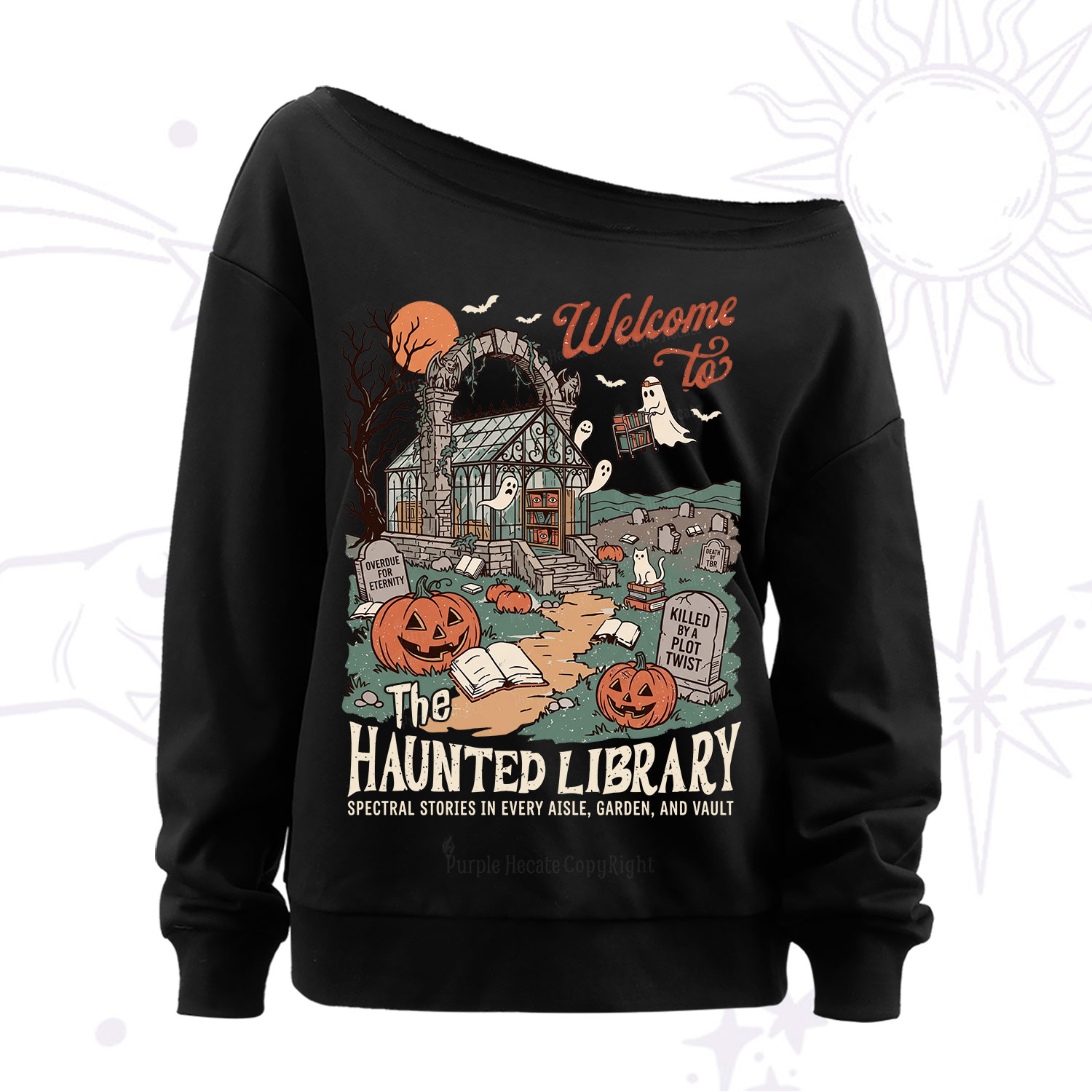 Purplehecate Welcome to the Haunted Library Off The Shoulder Sweatshirt