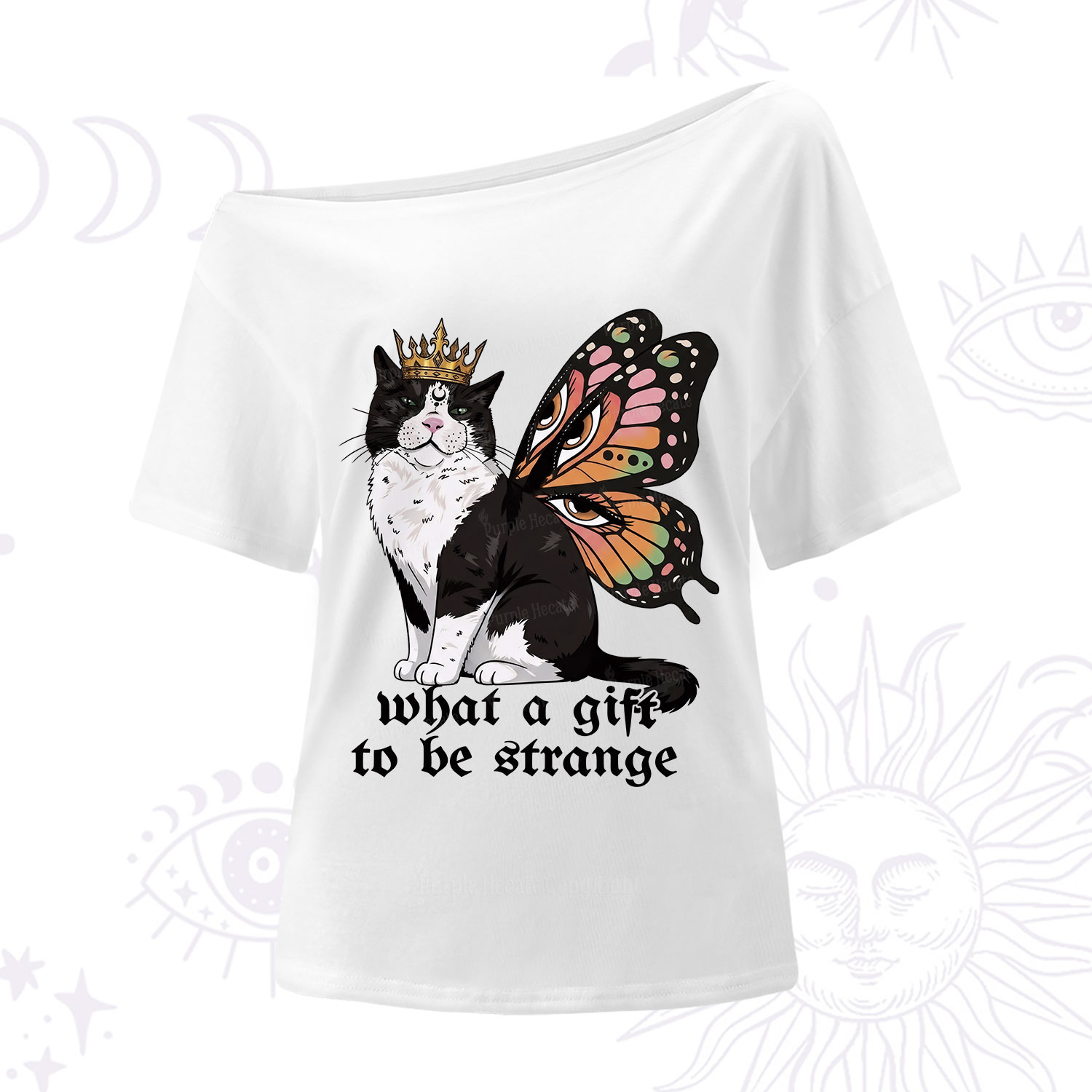 Purplehecate What a Gift to Be Strange Cat One Shoulder T-Shirt