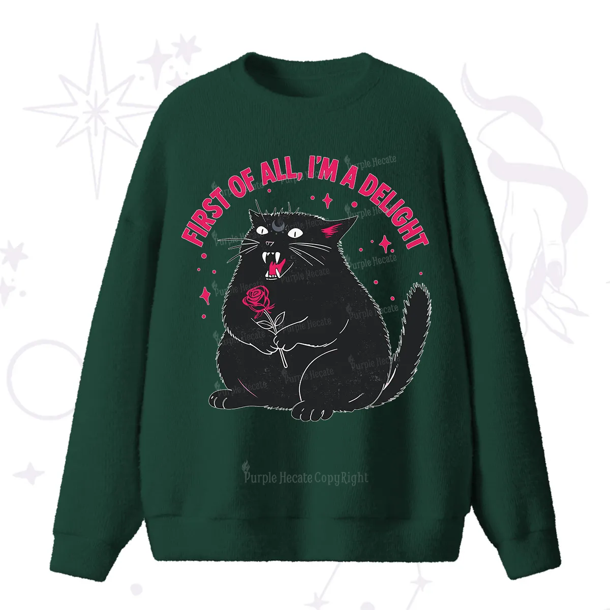 Purplehecate First Of All I'm A Delight Cat Fuzzy Ugly Sweater