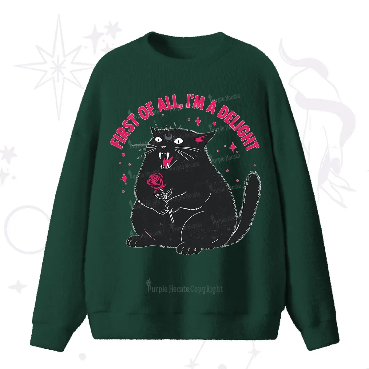 Purplehecate First Of All I'm A Delight Cat Fuzzy Ugly Sweater