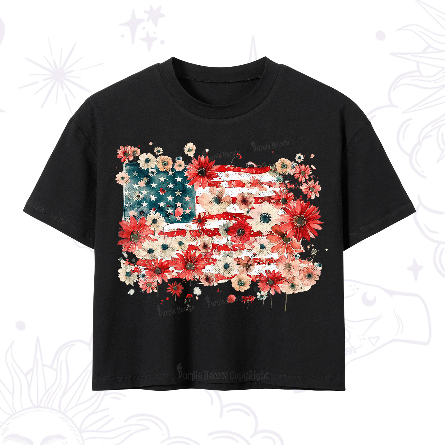 Purplehecate Floral American Flag Crop T-Shirt