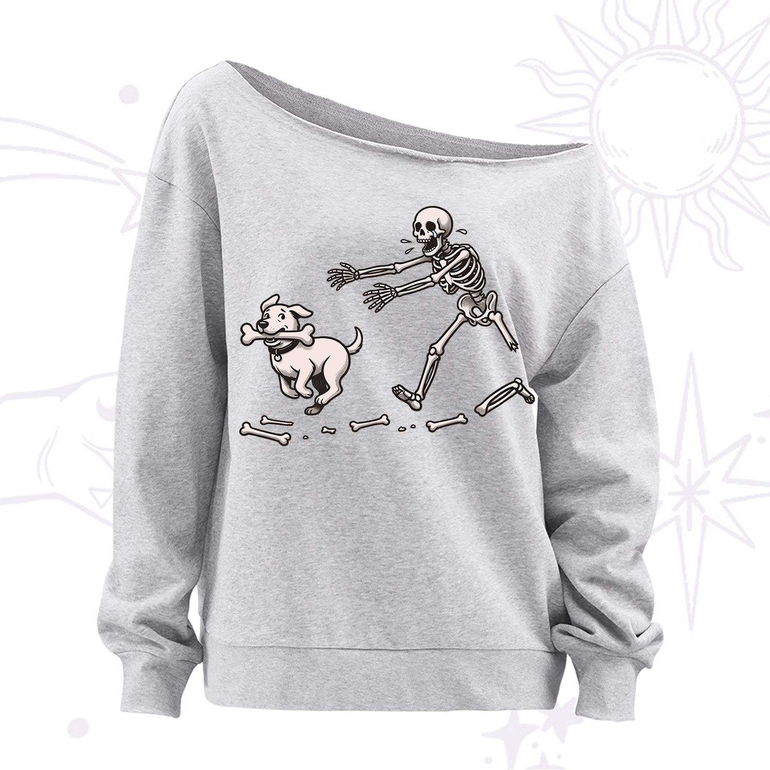 Purplehecate Halloween Skeleton Chasing Dog Off The Shoulder Sweatshirt