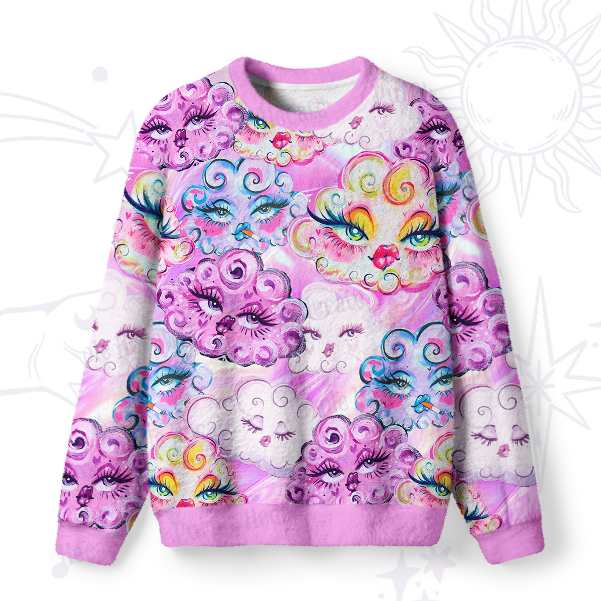 Purplehecate Dreamy Cloud Faces Fuzzy Ugly Sweatshirt