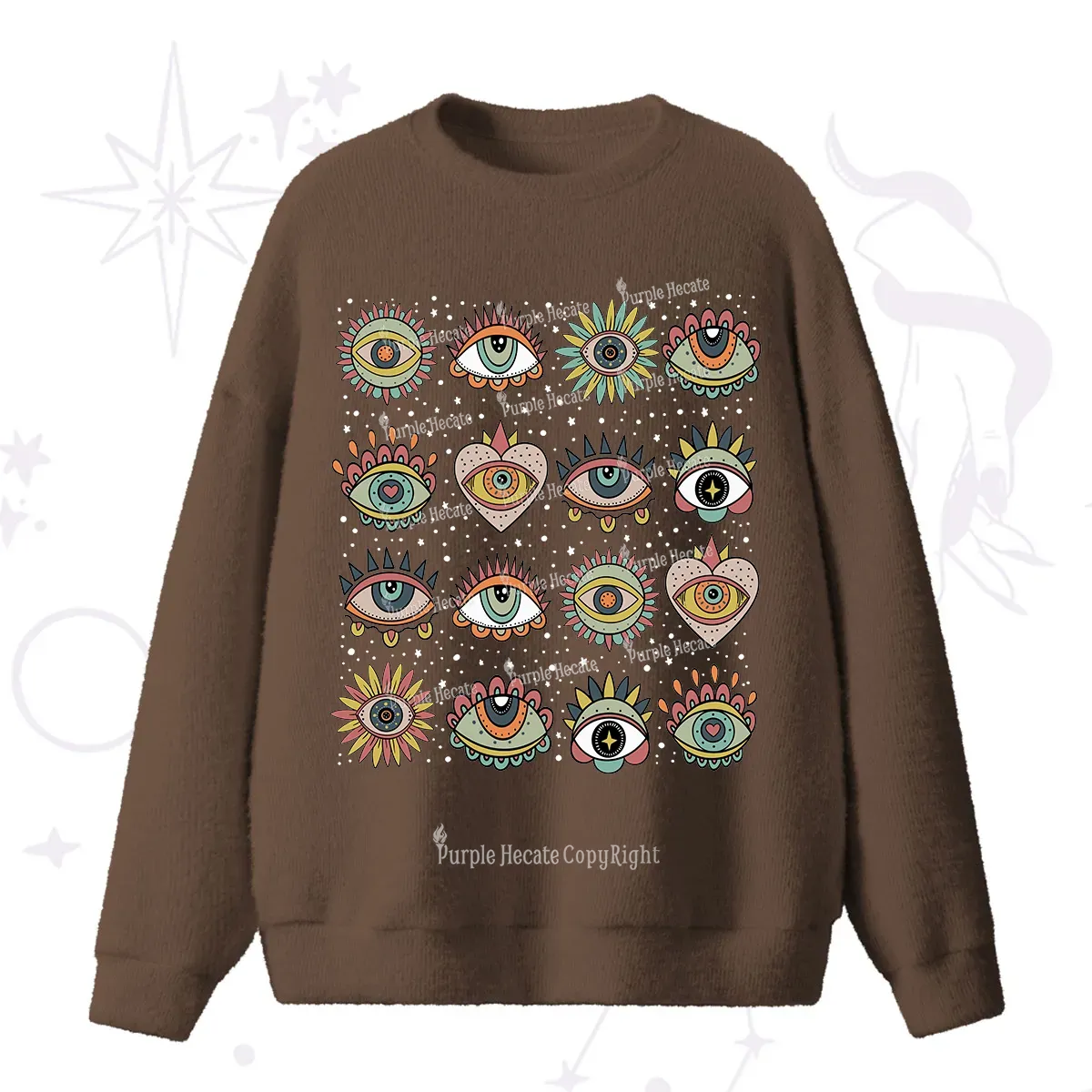 Purplehecate Mystical Evil Eye Pattern Fuzzy Ugly Sweater
