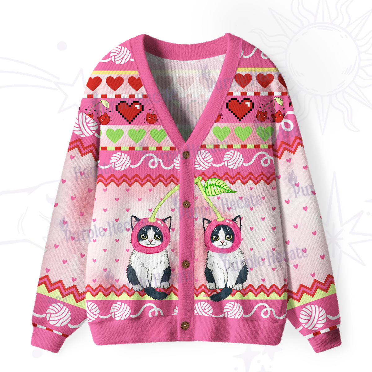 Purplehecate Sweet Cherry Cats Ugly Cardigan Sweaters