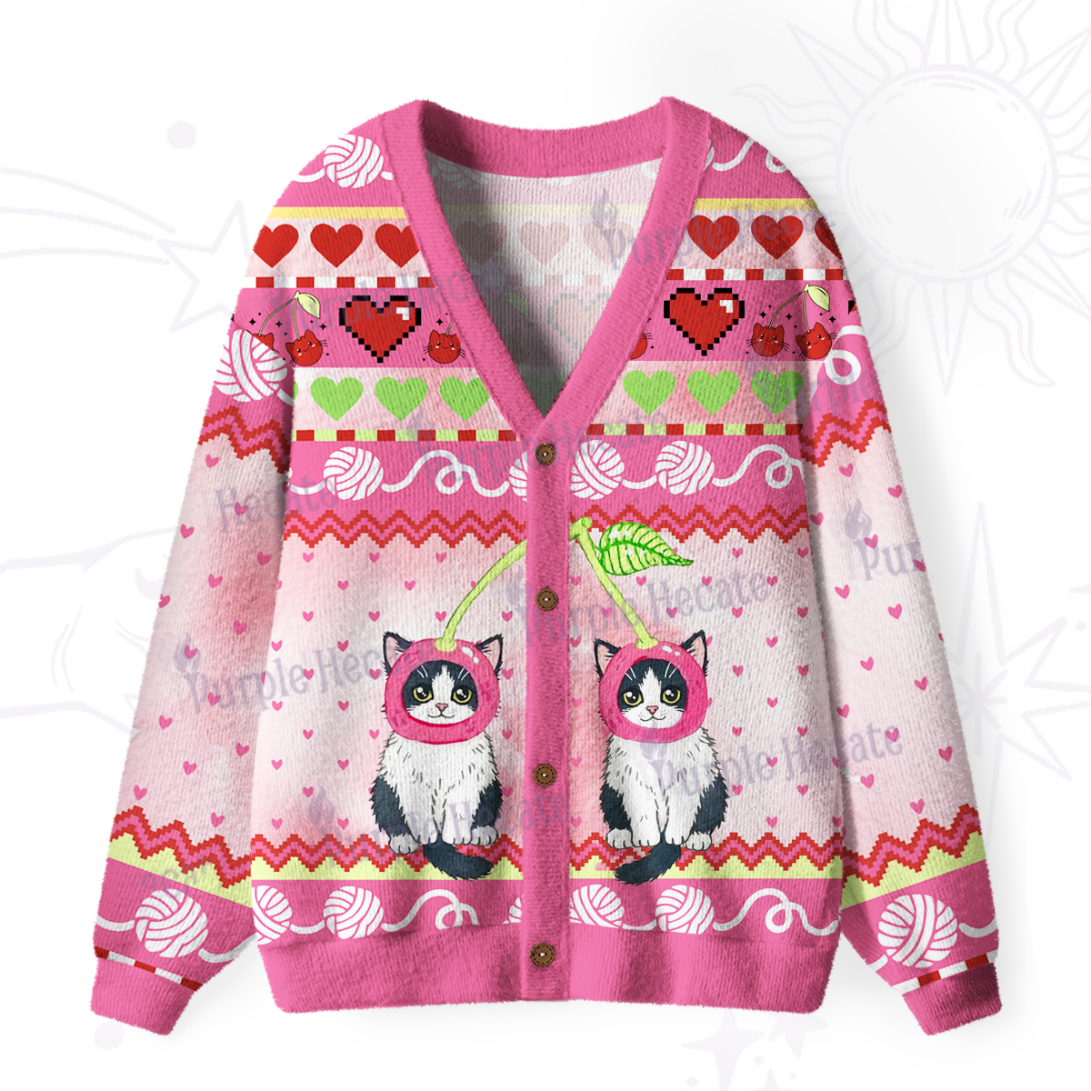 Purplehecate Sweet Cherry Cats Ugly Cardigan Sweaters