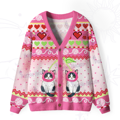 Purplehecate Sweet Cherry Cats Ugly Cardigan Sweaters