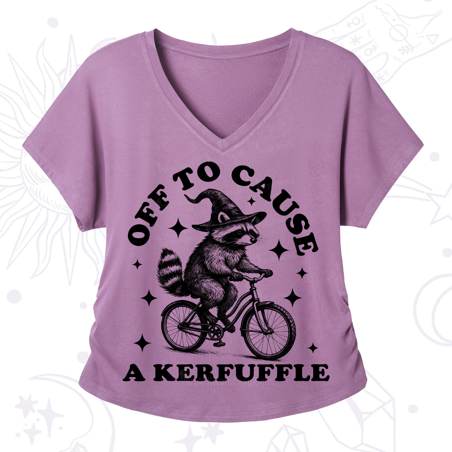 Purplehecate Off to Cause a Kerfuffle Raccoon V-Neck T-Shirt