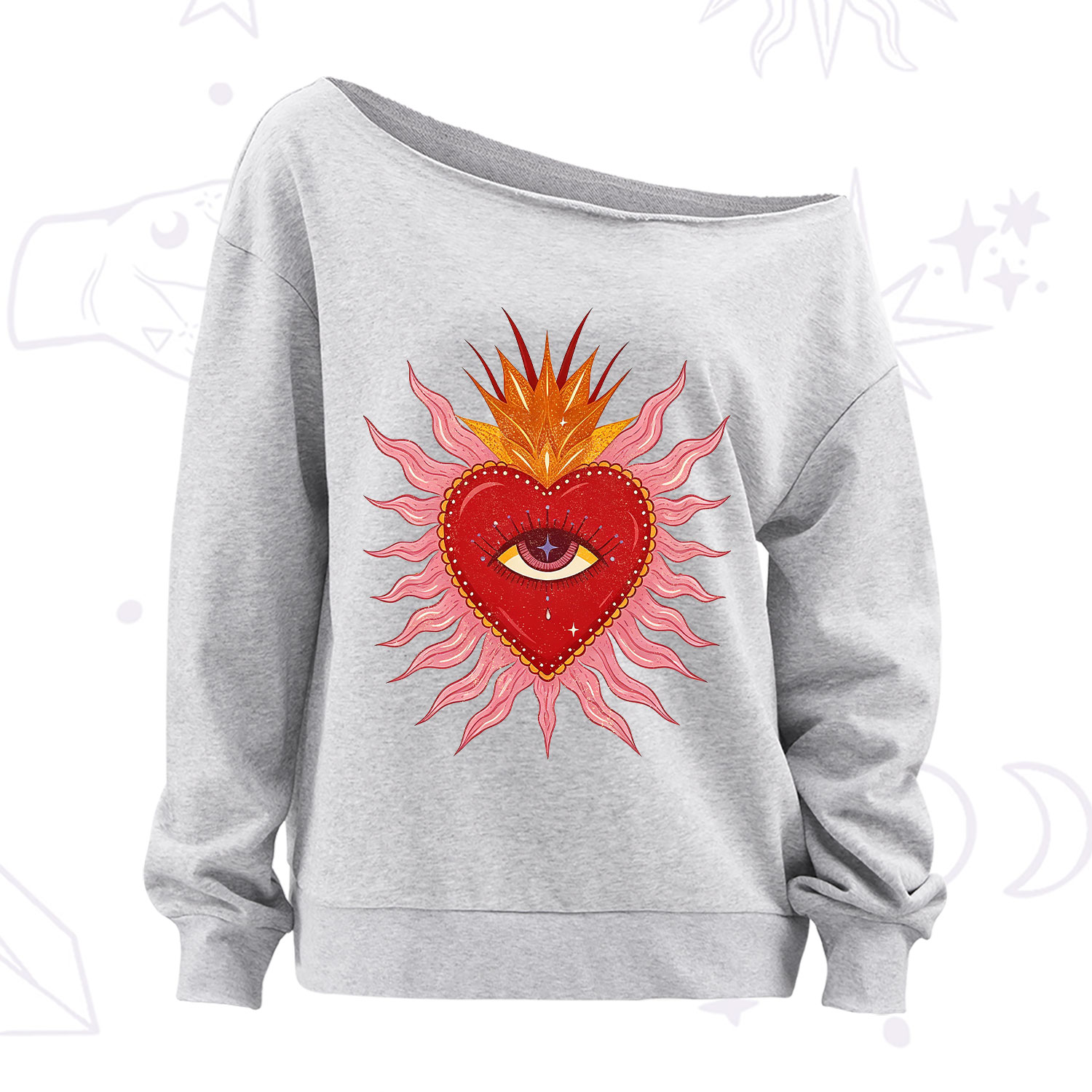 Purplehecate Sacred Flame Heart Off The Shoulder Sweatshirt