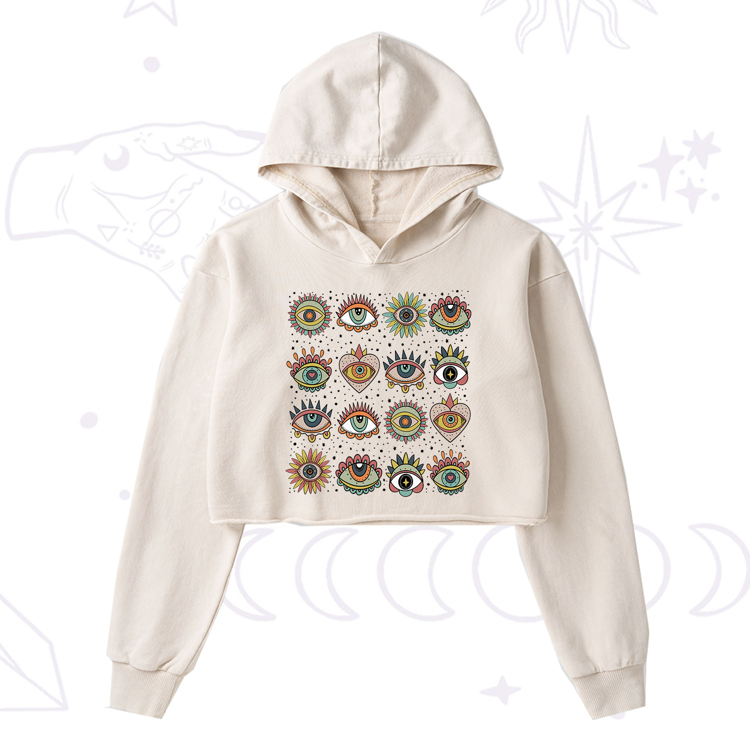 Purplehecate Mystical Evil Eye Pattern Washed Cropped Hoodie