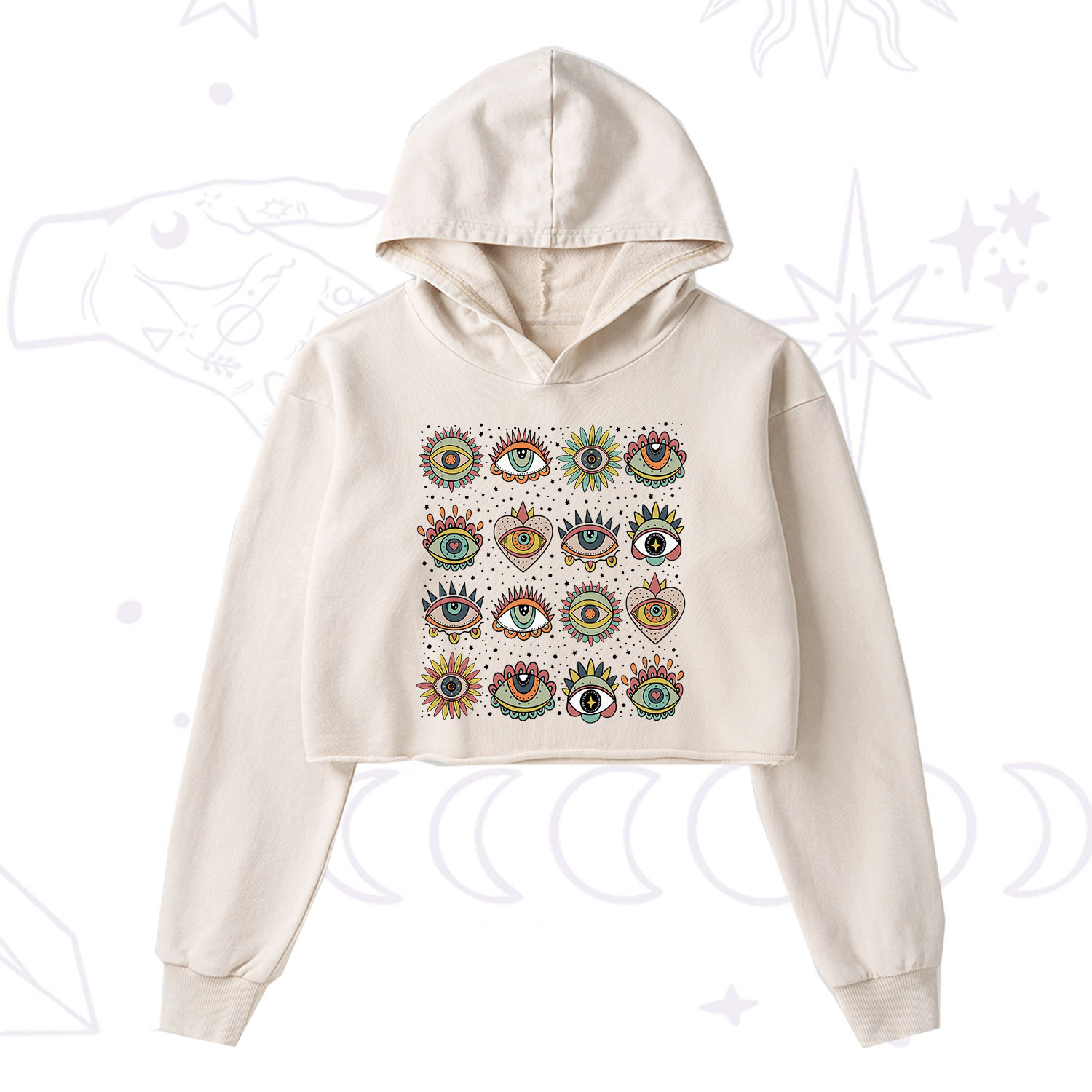 Purplehecate Mystical Evil Eye Pattern Washed Cropped Hoodie