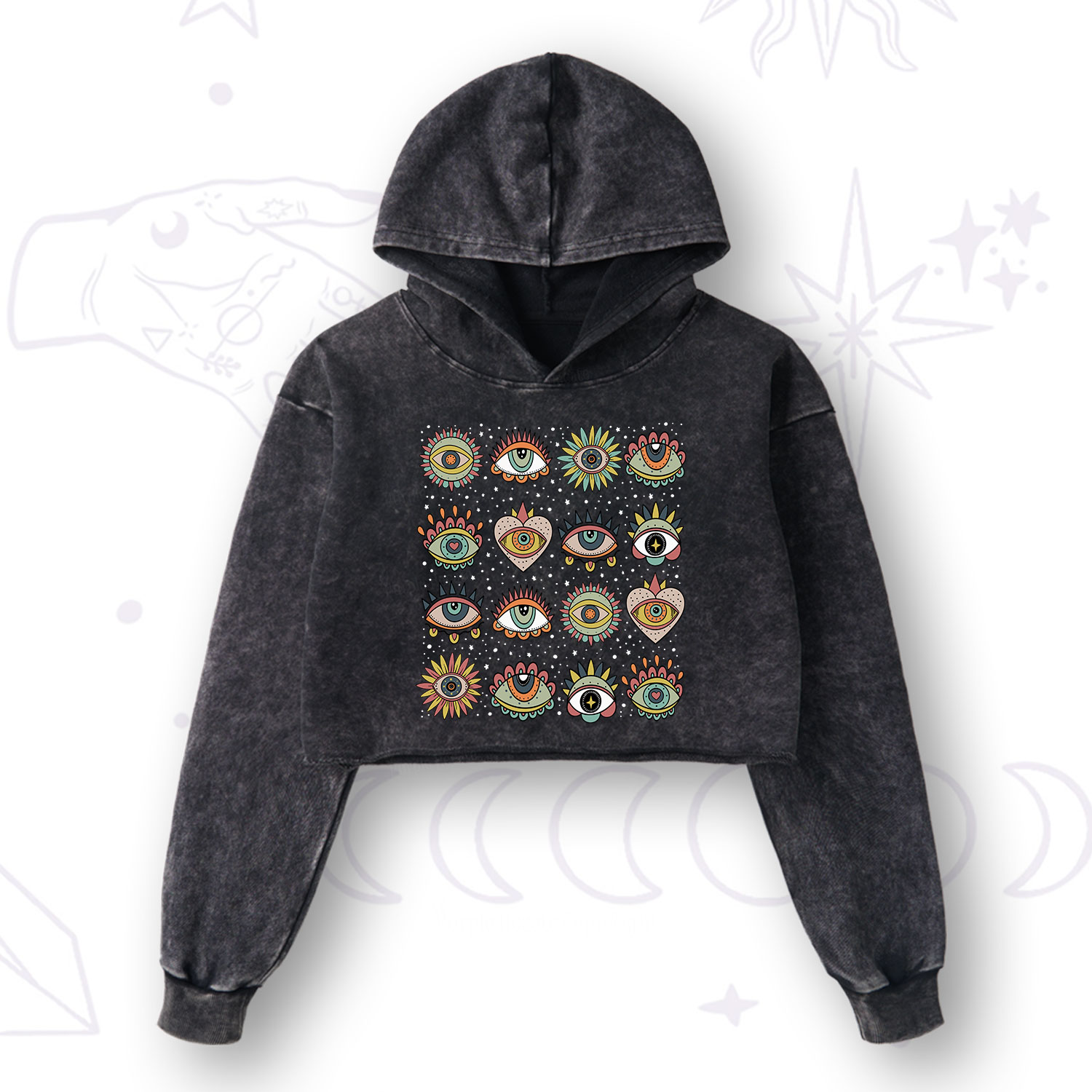 Purplehecate Mystical Evil Eye Pattern Washed Cropped Hoodie