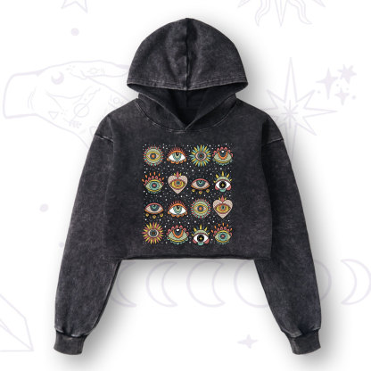 Purplehecate Mystical Evil Eye Pattern Washed Cropped Hoodie