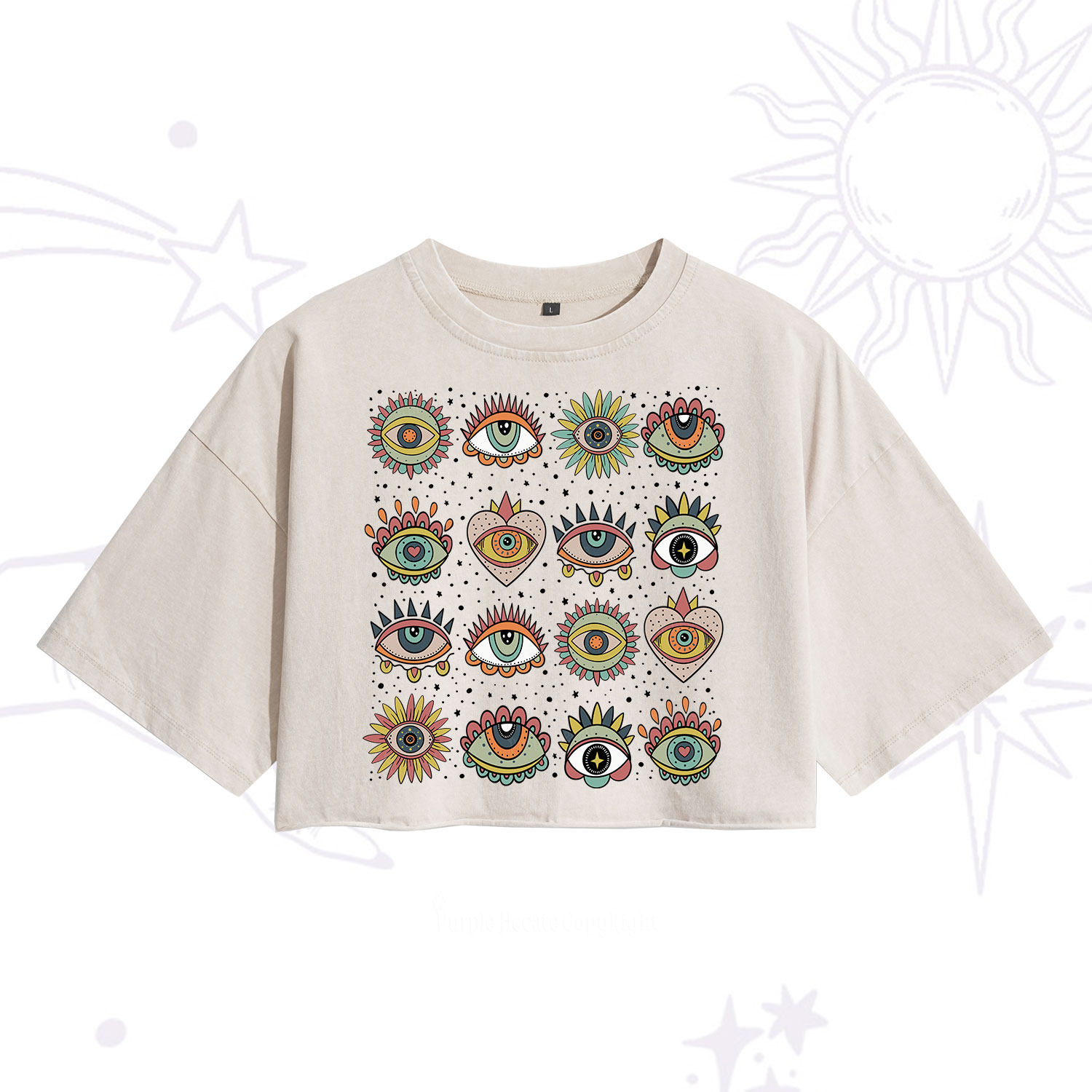 Purplehecate Mystical Evil Eye Pattern Washed Cropped T-Shirt