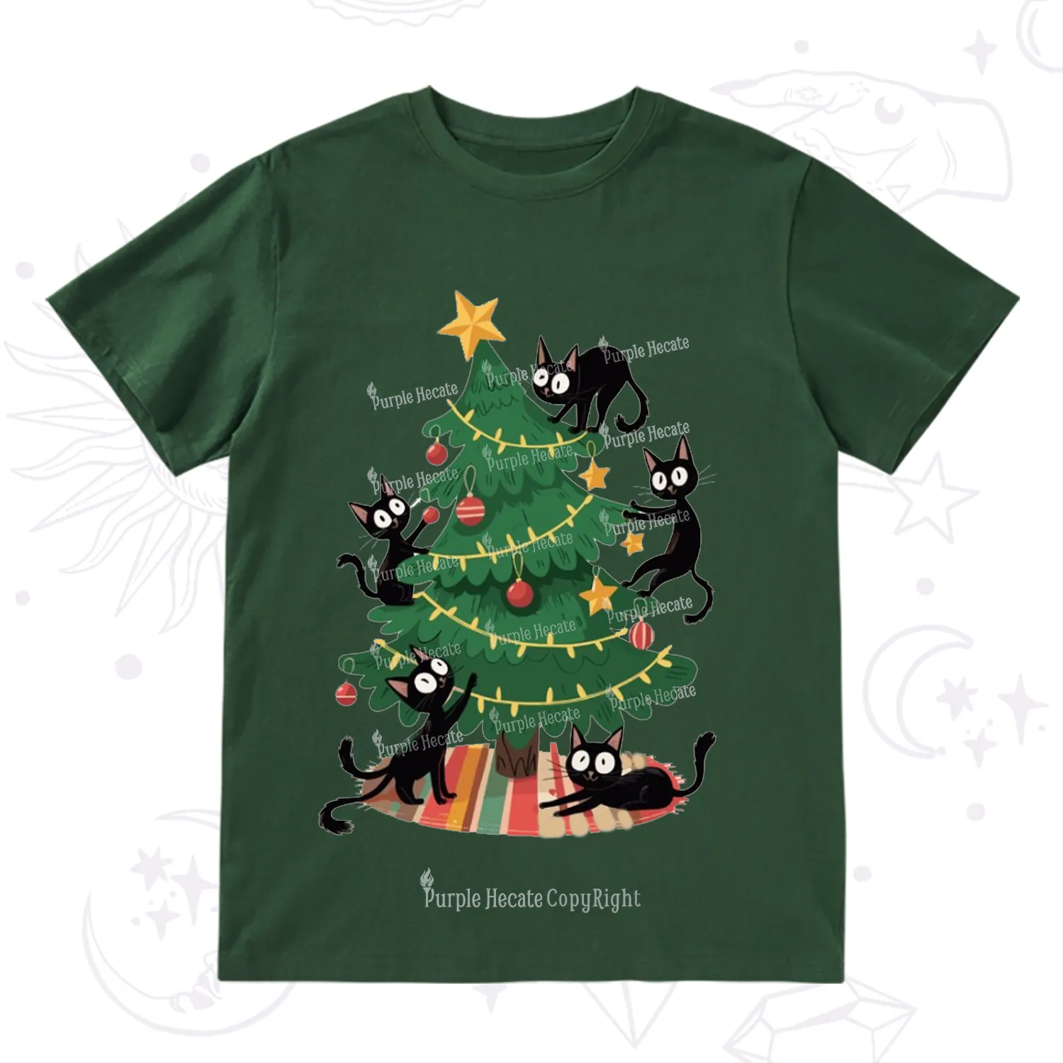 Purplehecate Black Cat in Tree Christmas T-Shirt