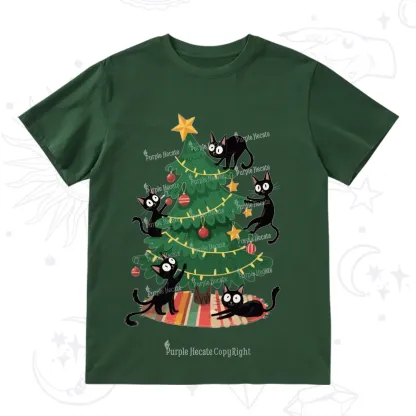 Purplehecate Black Cat in Tree Christmas T-Shirt