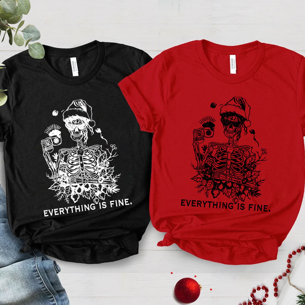 Purplehecate Everything Is Fine Christmas Couple T-Shirts