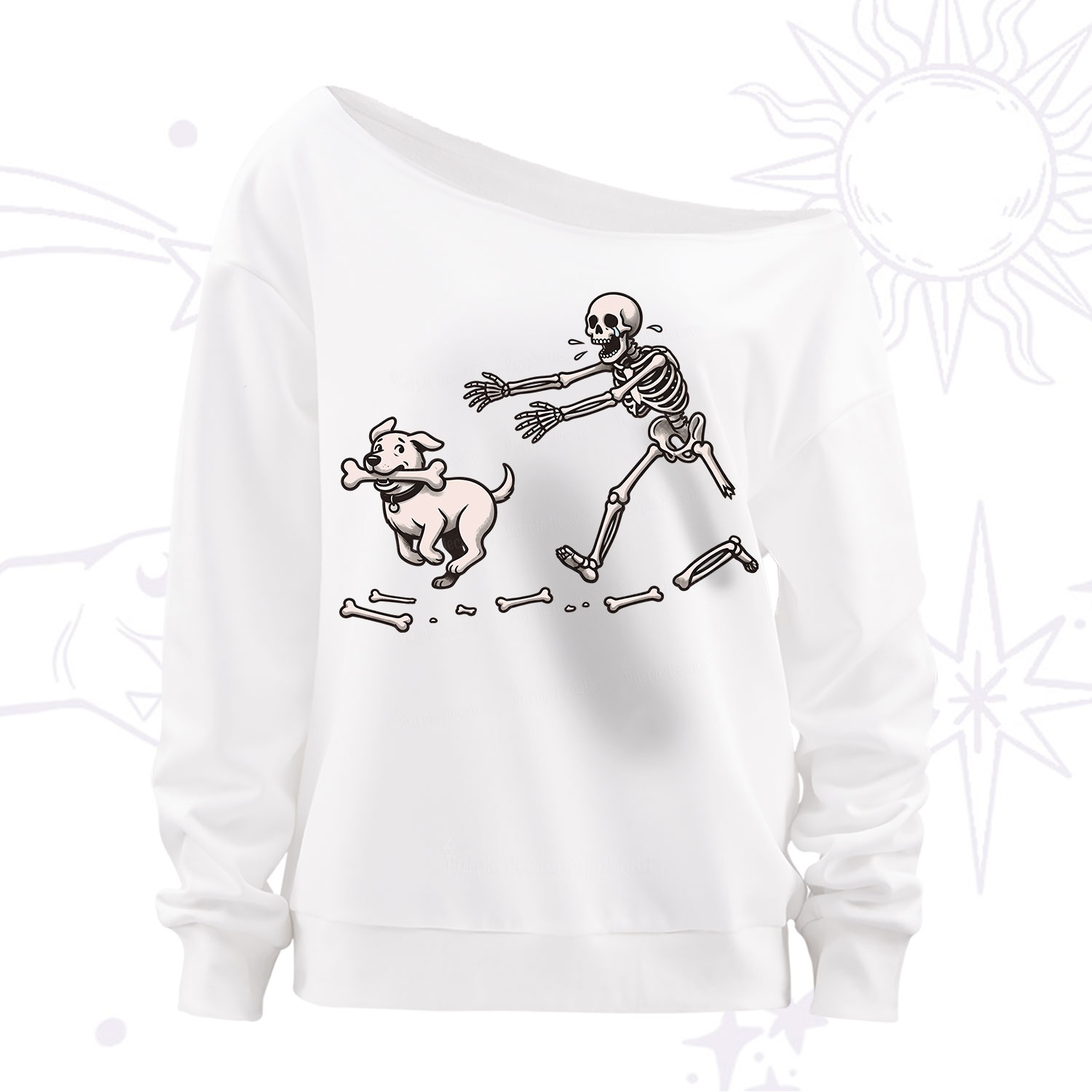 Purplehecate Halloween Skeleton Chasing Dog Off The Shoulder Sweatshirt