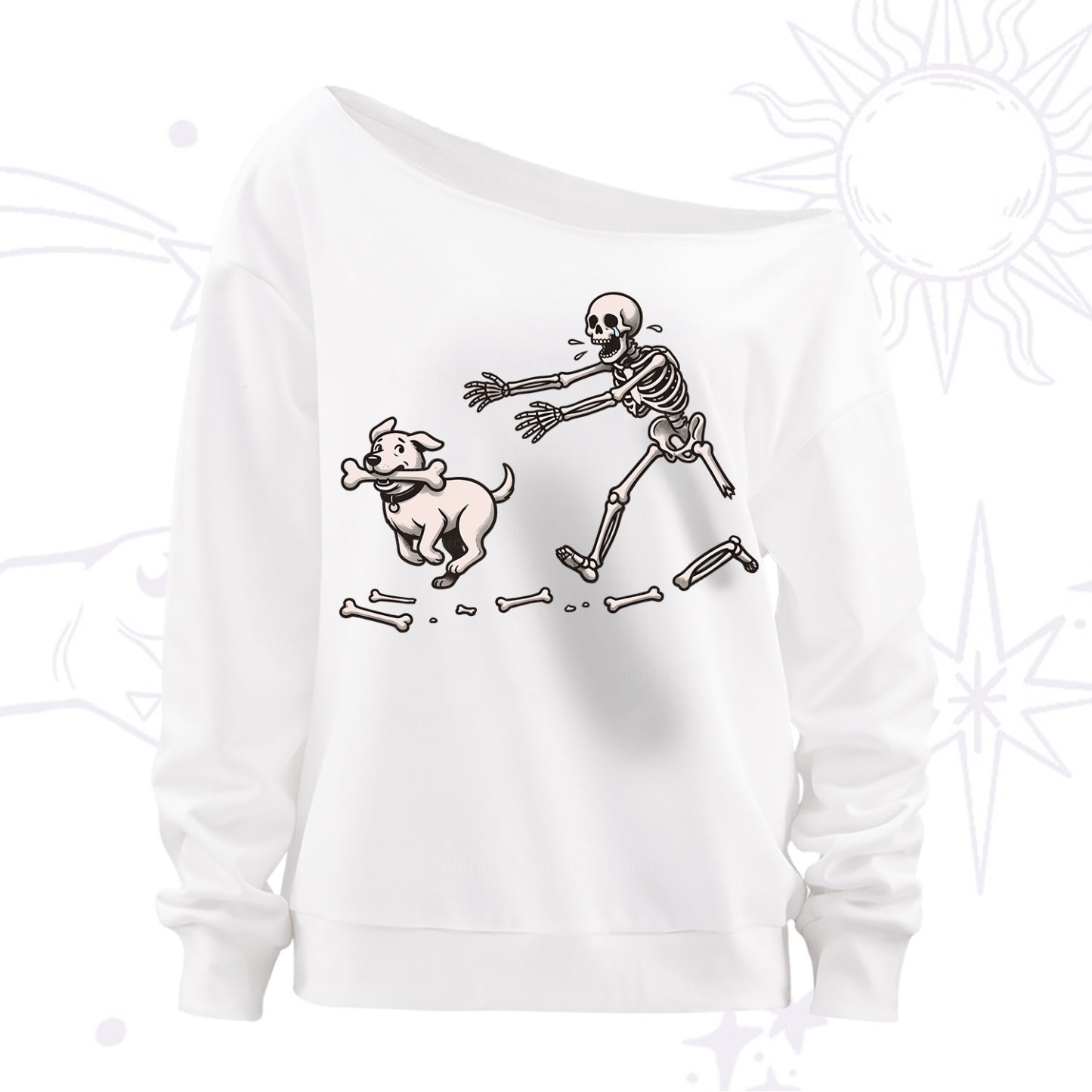 Purplehecate Halloween Skeleton Chasing Dog Off The Shoulder Sweatshirt