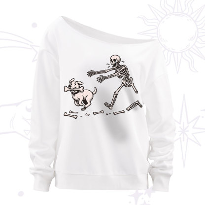 Purplehecate Halloween Skeleton Chasing Dog Off The Shoulder Sweatshirt