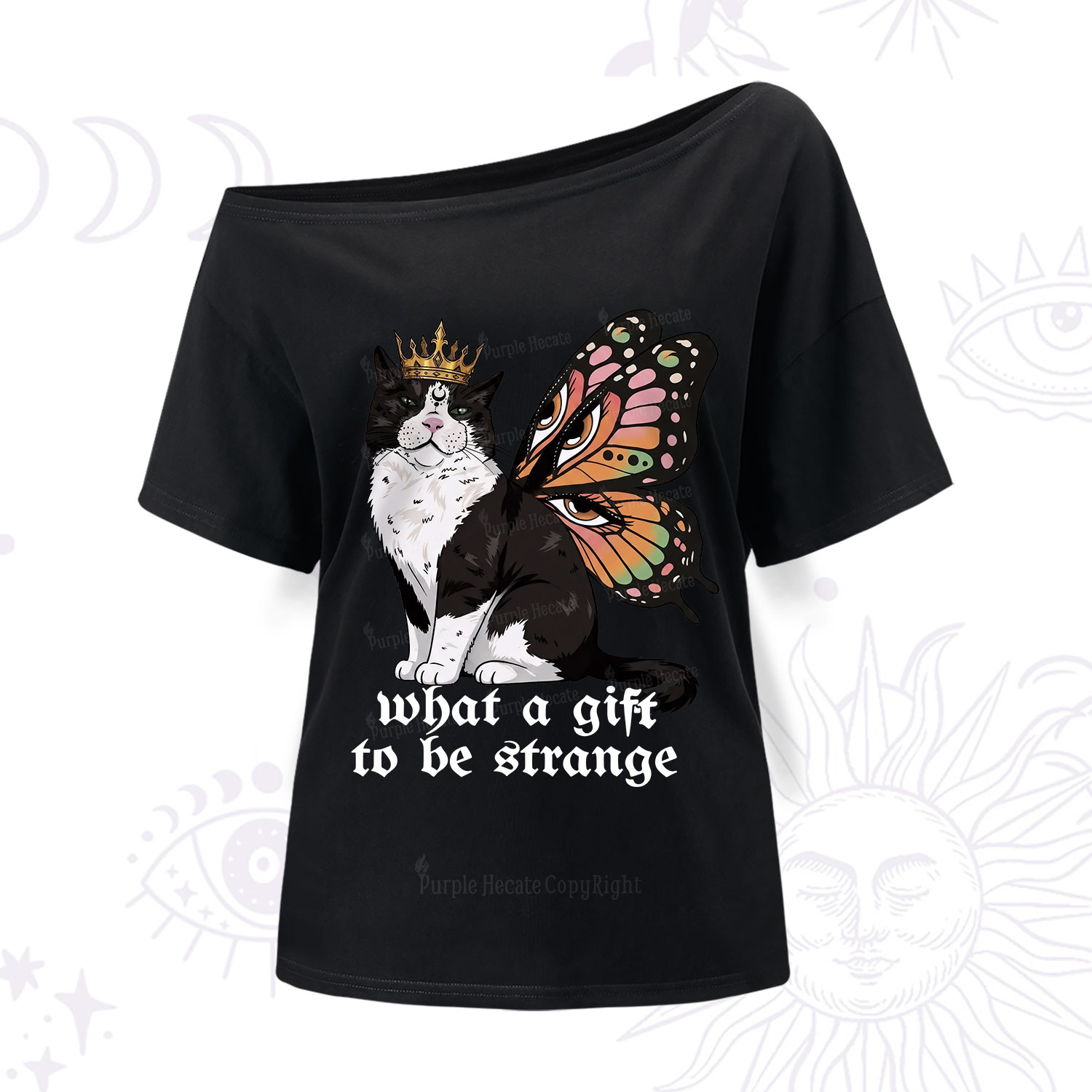 Purplehecate What a Gift to Be Strange Cat One Shoulder T-Shirt