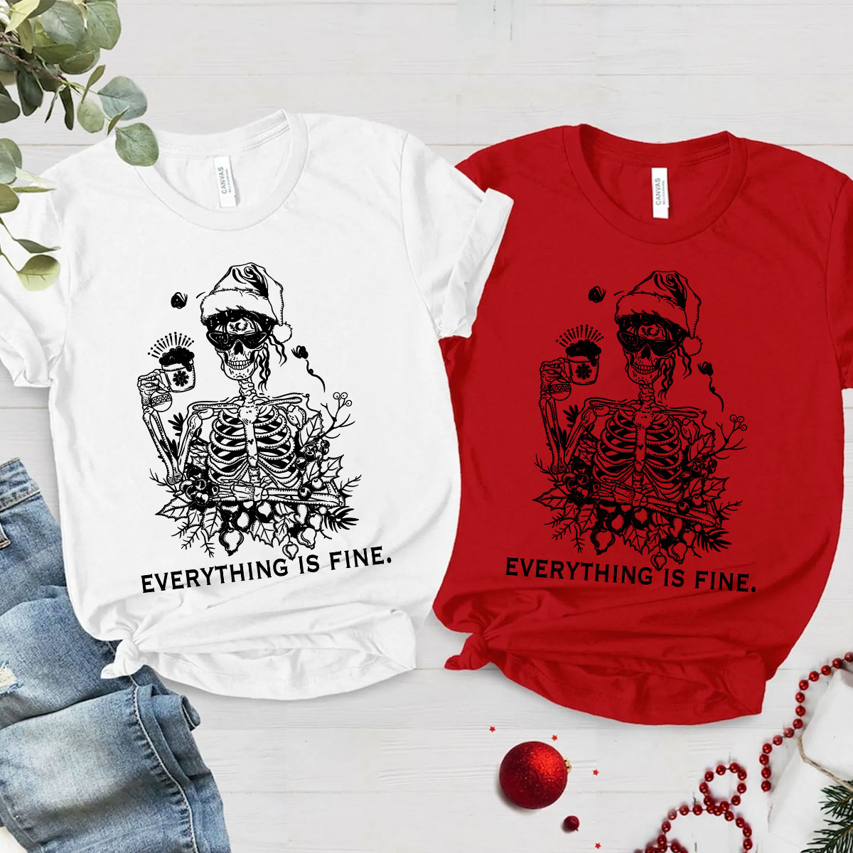 Purplehecate Everything Is Fine Christmas Couple T-Shirts