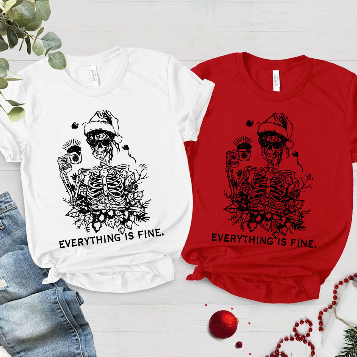 Purplehecate Everything Is Fine Christmas Couple T-Shirts