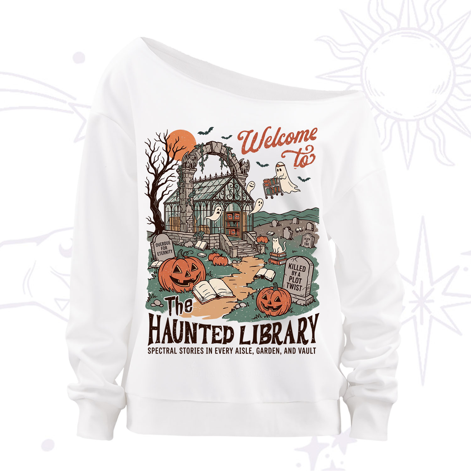 Purplehecate Welcome to the Haunted Library Off The Shoulder Sweatshirt