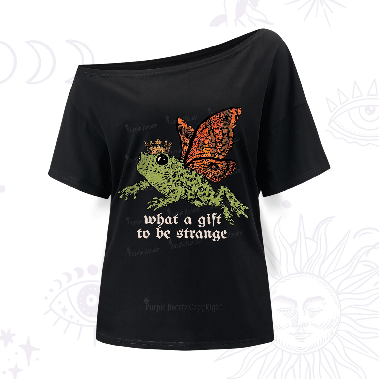 Purplehecate What a Gift to Be Strange Cat Frog One Shoulder T-Shirt